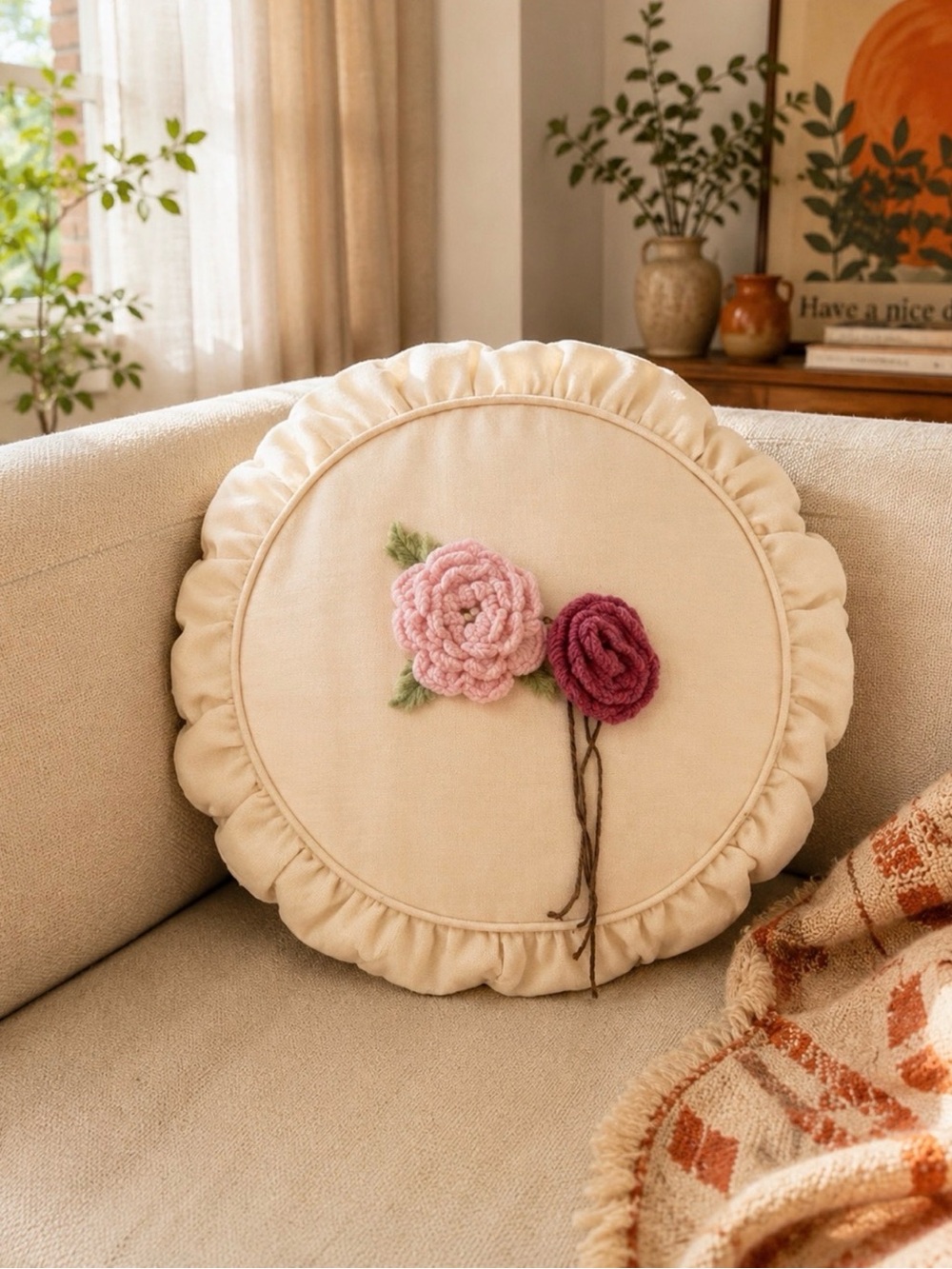 Vintage Grandma Cottage Core Peach Round Throw Accent Pillow Yarn Flowers Roses